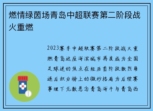 燃情绿茵场青岛中超联赛第二阶段战火重燃